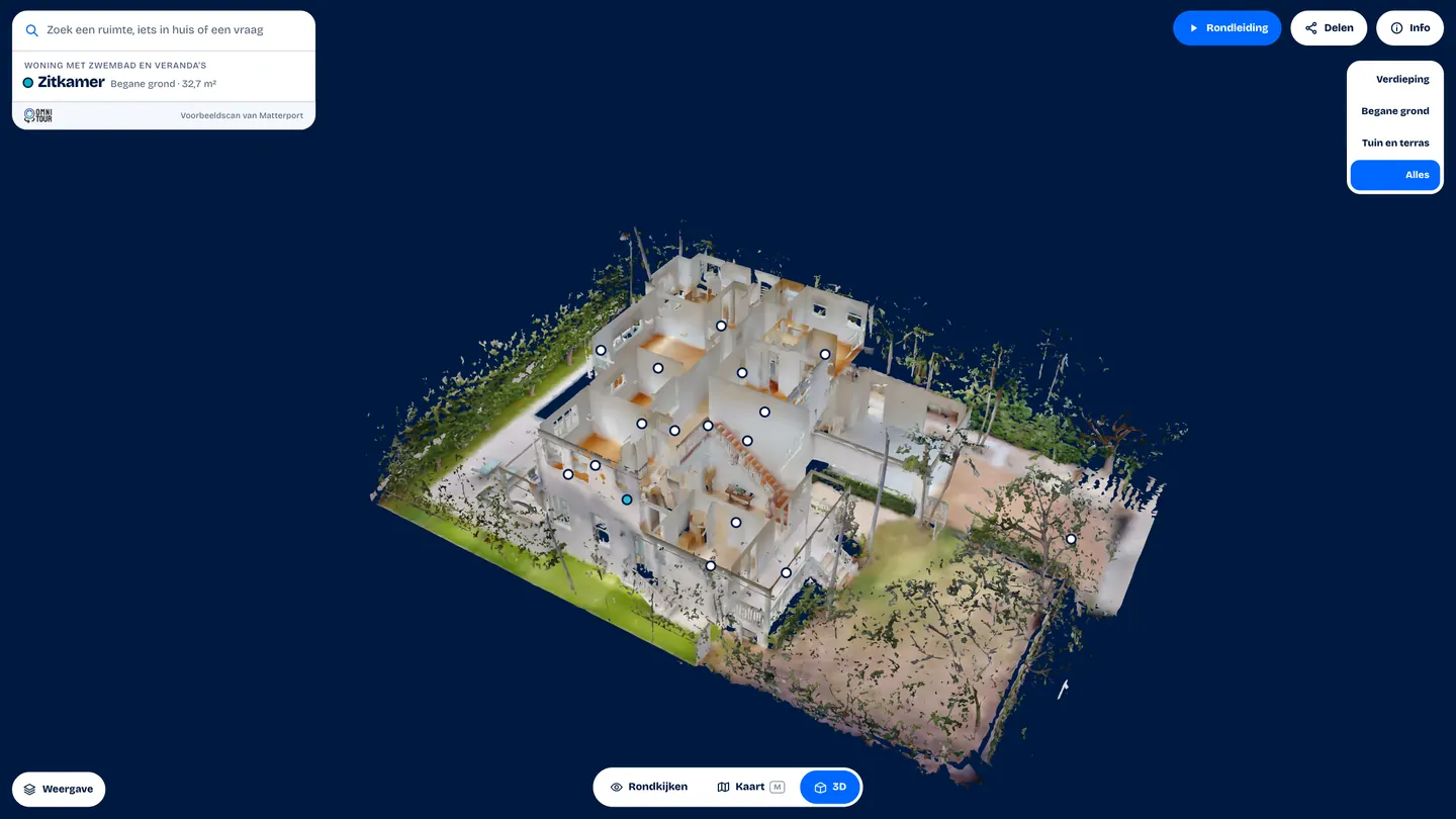 Onze 3D-viewer van bovenaf: de hele woning als model, met de standpunten erin.