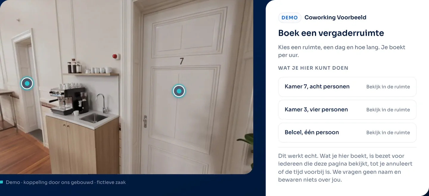 The working a room by the hour demo, with the room and the panel of a fictitious business.