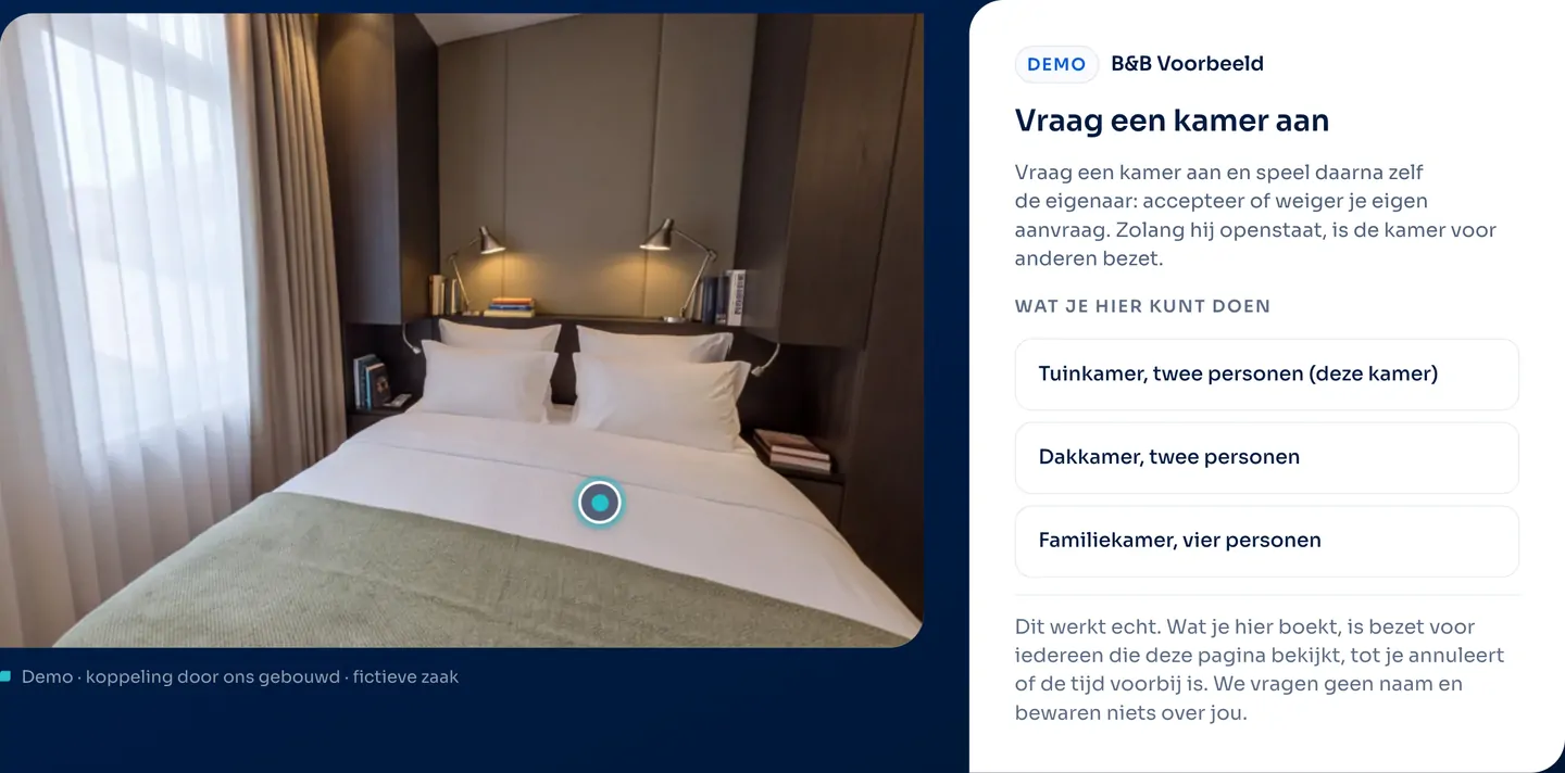 The working request a room demo, with the room and the panel of a fictitious business.