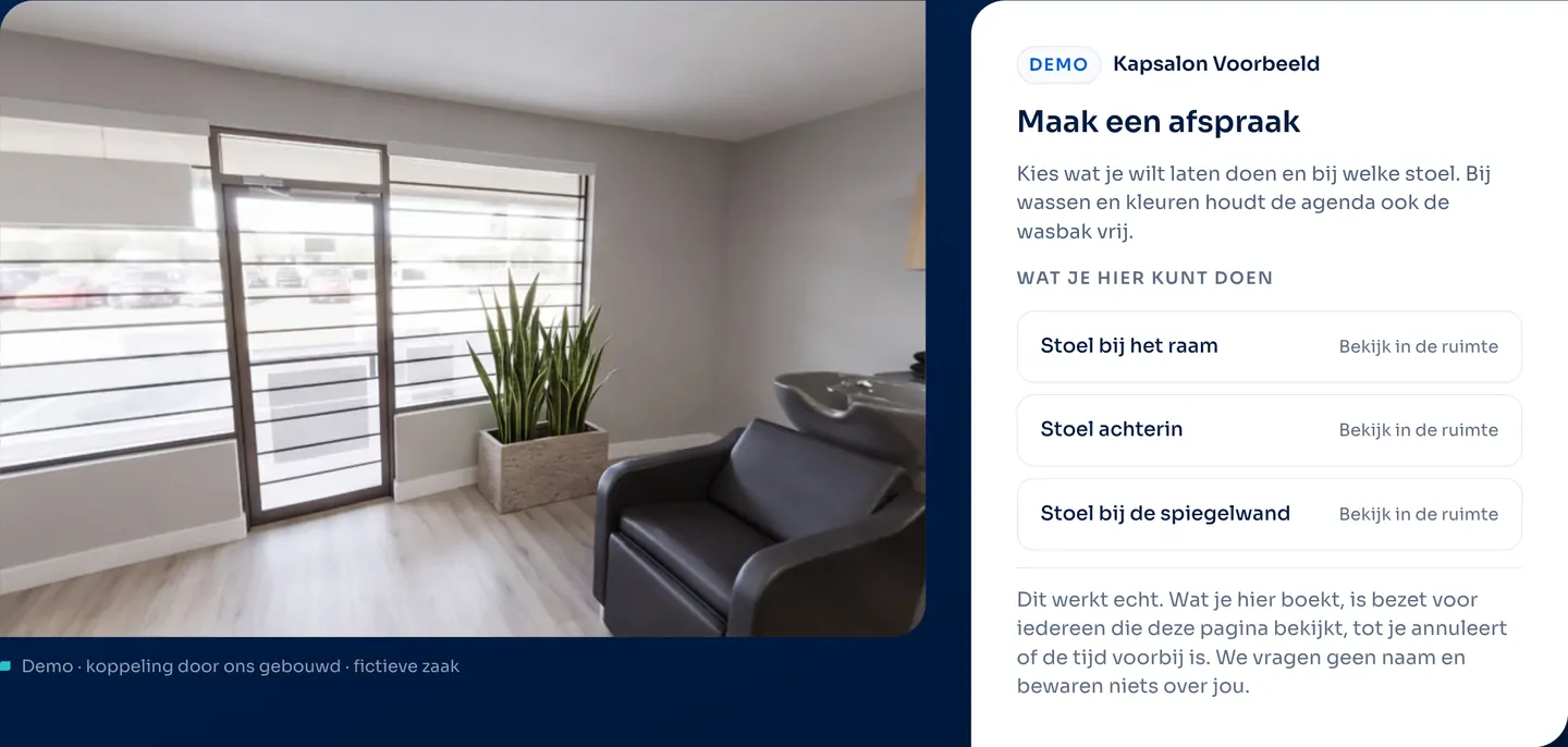 The working make an appointment demo, with the room and the panel of a fictitious business.