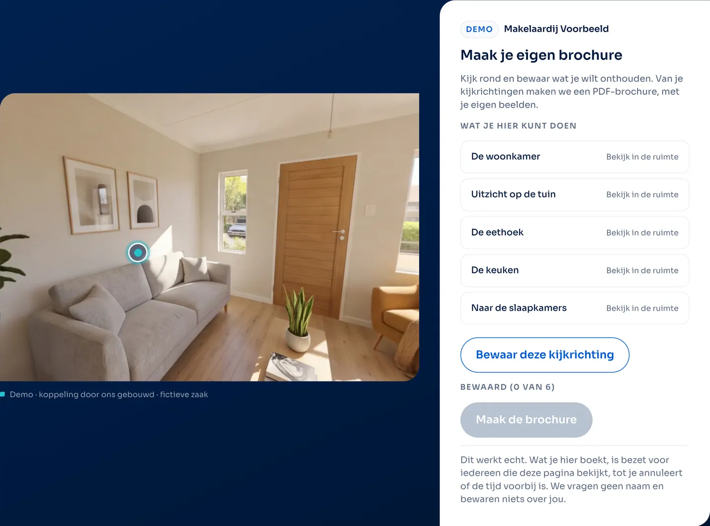 The working your own brochure demo, with the room and the panel of a fictitious business.