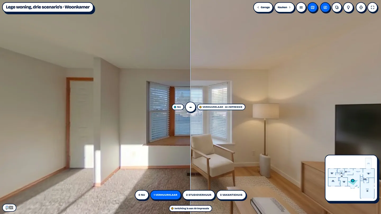 The living room of the empty home, half empty and half furnished, with the slider in the middle and the styles below.