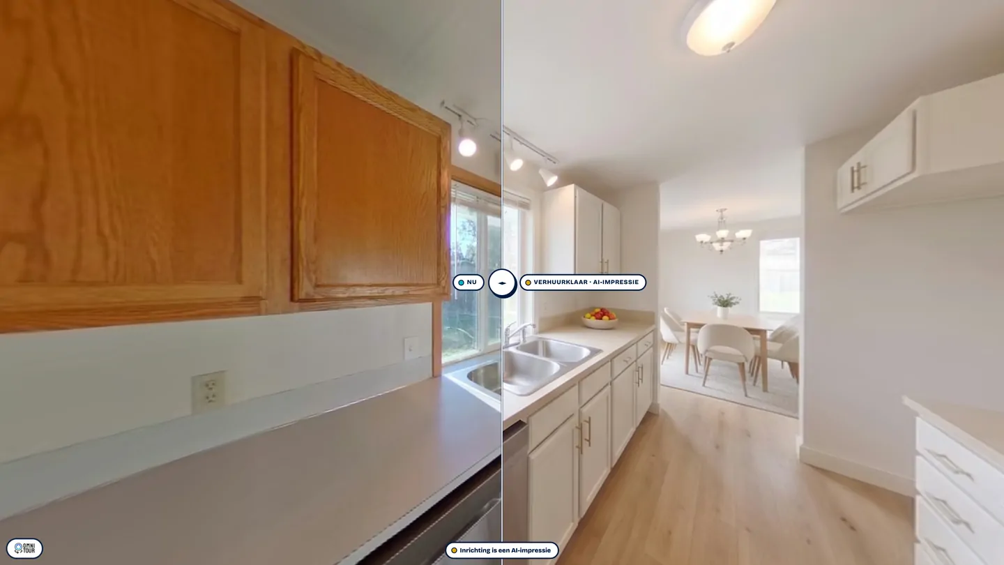 The kitchen, half empty and half furnished.