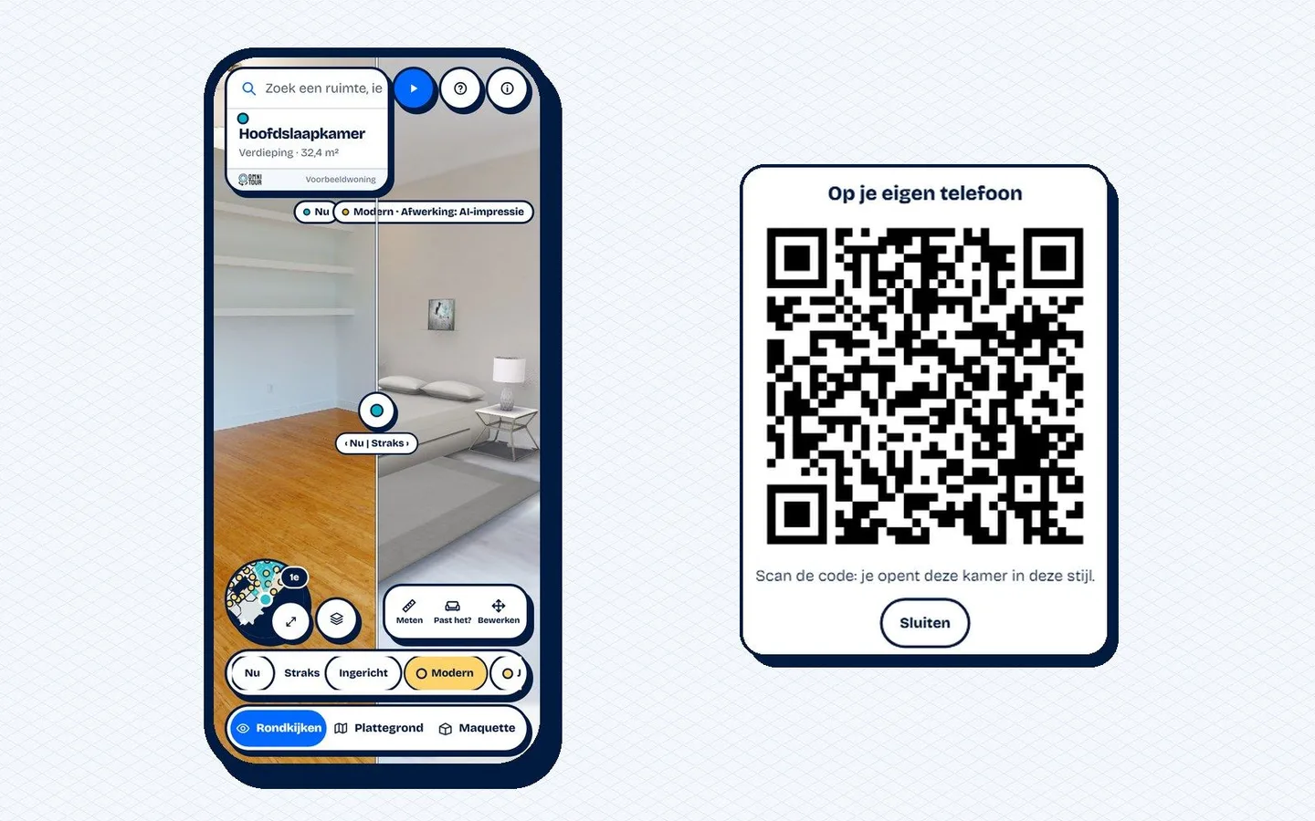 De 3D Toekomsttour op een telefoon, de slaapkamer half nu en half Modern, met ernaast de QR-code: scan de code en je opent deze kamer in deze stijl op je eigen telefoon.