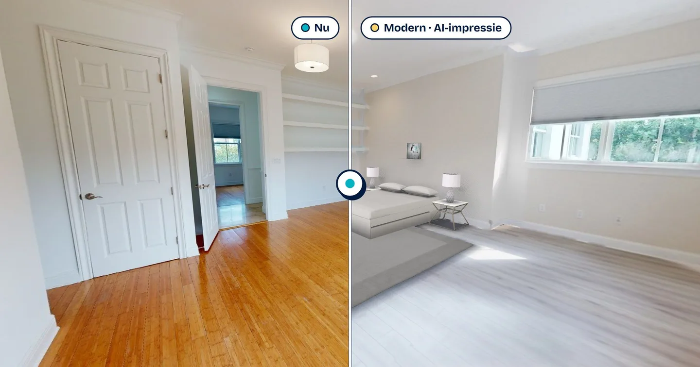 Dezelfde slaapkamer met een schuif: links zoals hij nu is, rechts afgewerkt in de stijl Modern en ingericht, met het label Modern, AI-impressie.