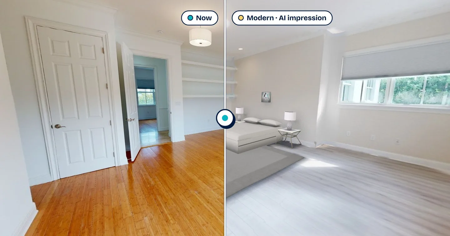 The same bedroom with a slider: on the left as it is now, labelled Now, on the right finished in the Modern style and furnished, labelled Modern, AI impression.
