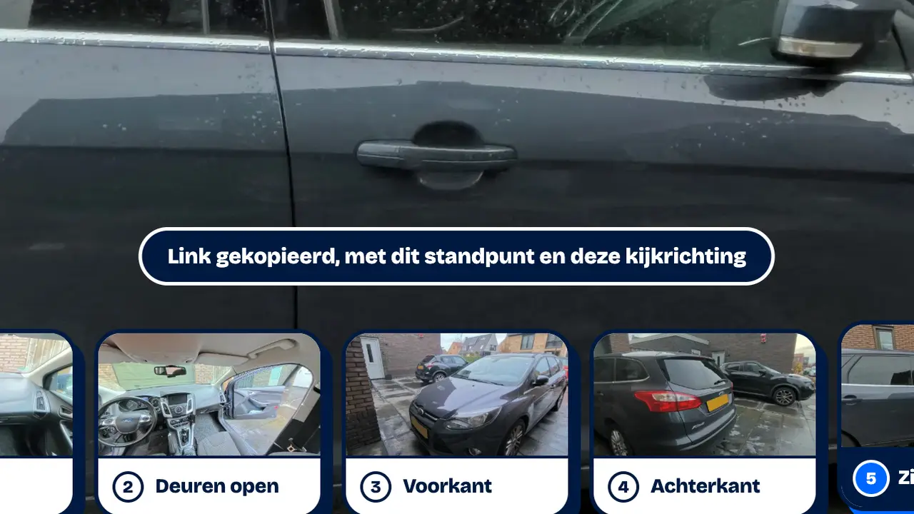 De zijkant van de auto, met de melding dat de link met dit standpunt en deze kijkrichting gekopieerd is.