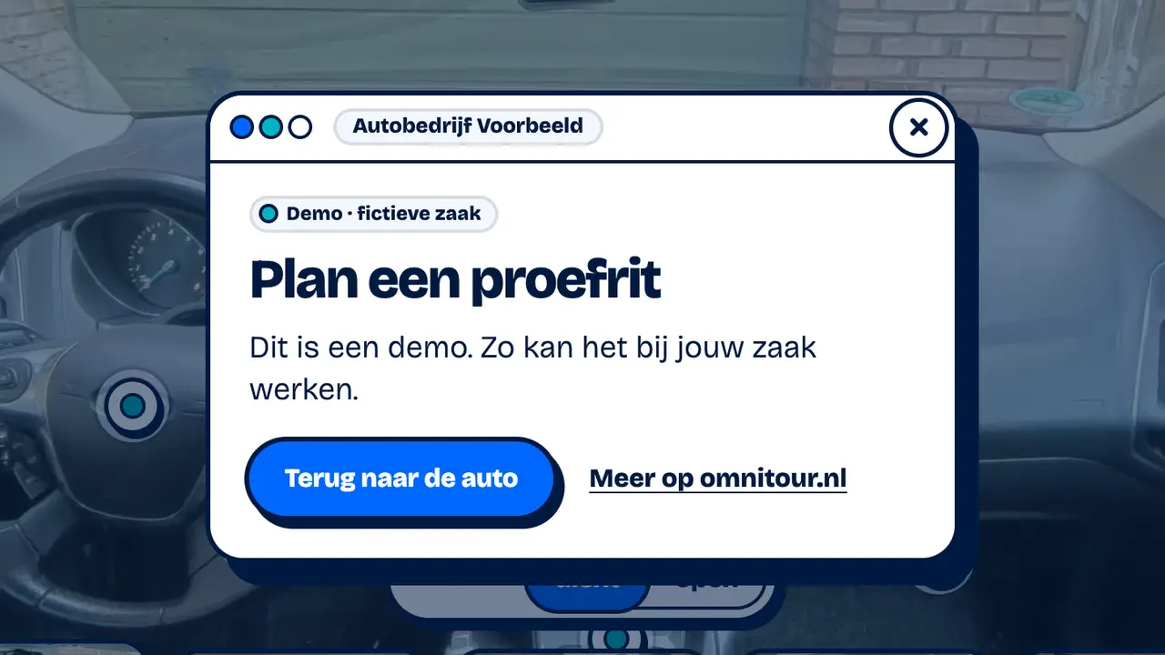 Een venster boven het interieur: Plan een proefrit. Dit is een demo.