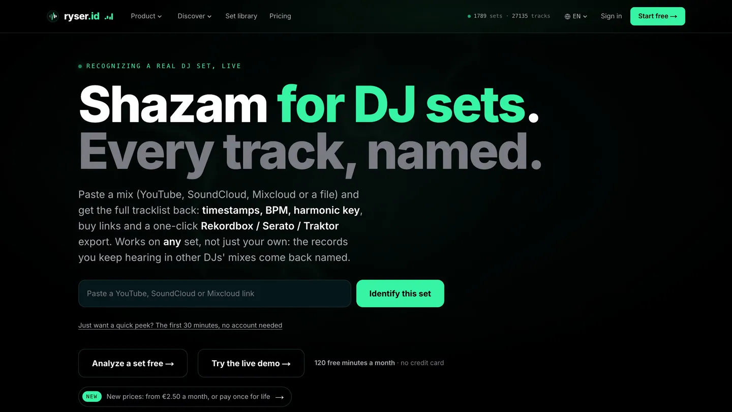 Scrolling through ryser.id, a web app that identifies the tracks in a DJ set.