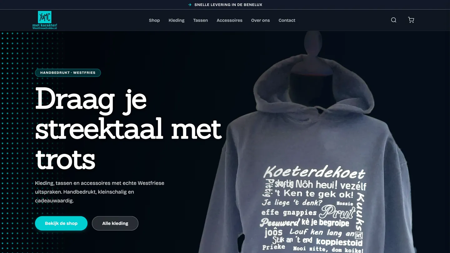 Scrolling through the Westfriesefrokke web shop: hoodies and bags with West Frisian sayings.