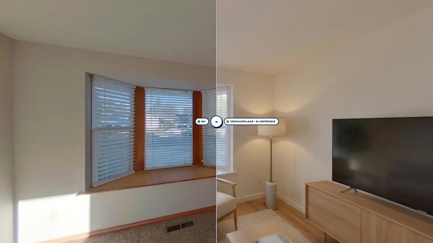 A living room, empty on the left as it is now, furnished as ready to let on the right.